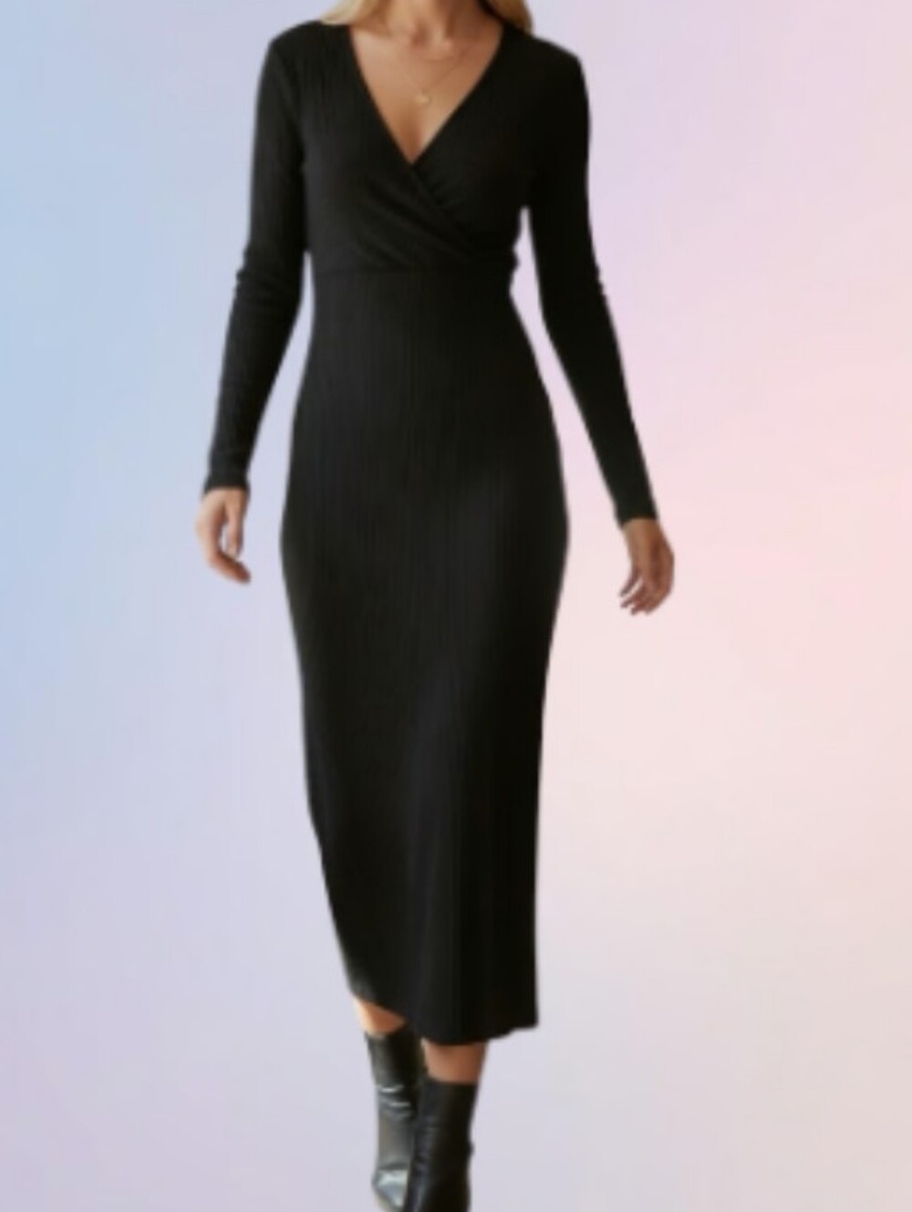 NSR Black Ribbed Long-Sleeve Faux Wrap Midi Dress NWT
